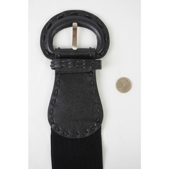 Distressed Wide Stitch Elastic Belt Western Boho Chic Style Black - Picture 3 of 4